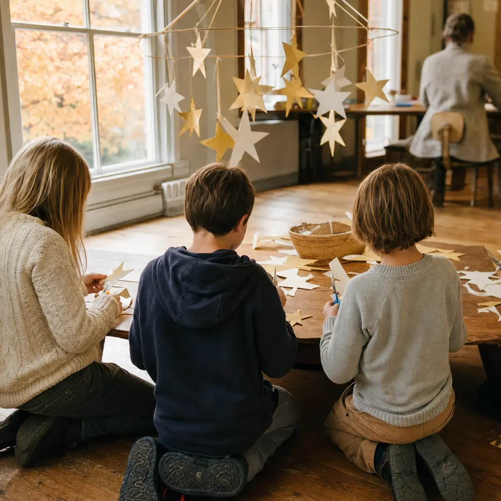 Four children seen from behind cutting stars from cream and gold paper at a low table