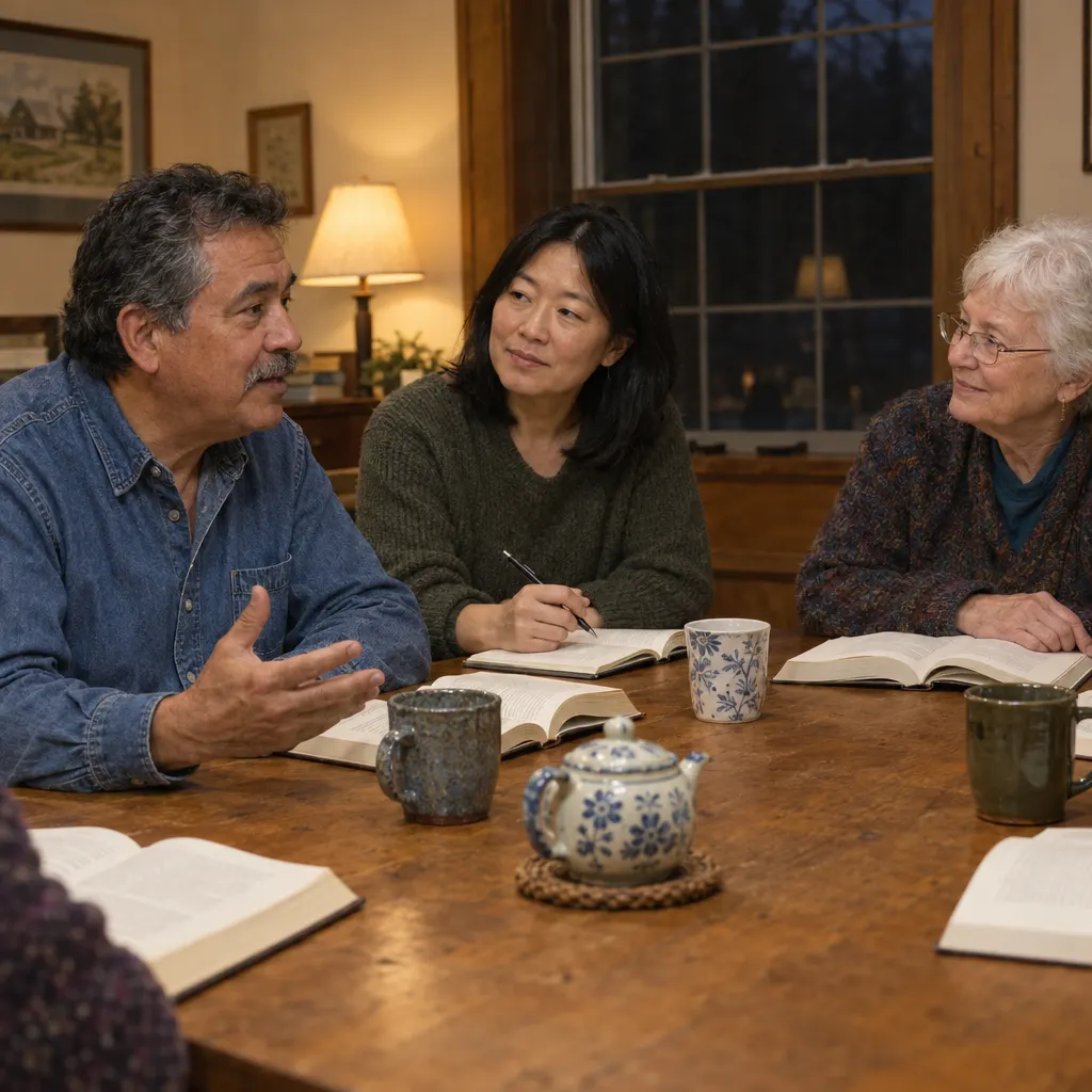 Three adults around a wooden table with open books and a teapot, one man speaking