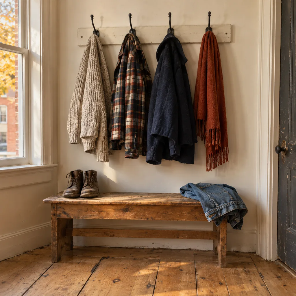 Sweaters, a flannel jacket, a wool coat and a scarf on iron hooks above a wooden bench inside the side entrance