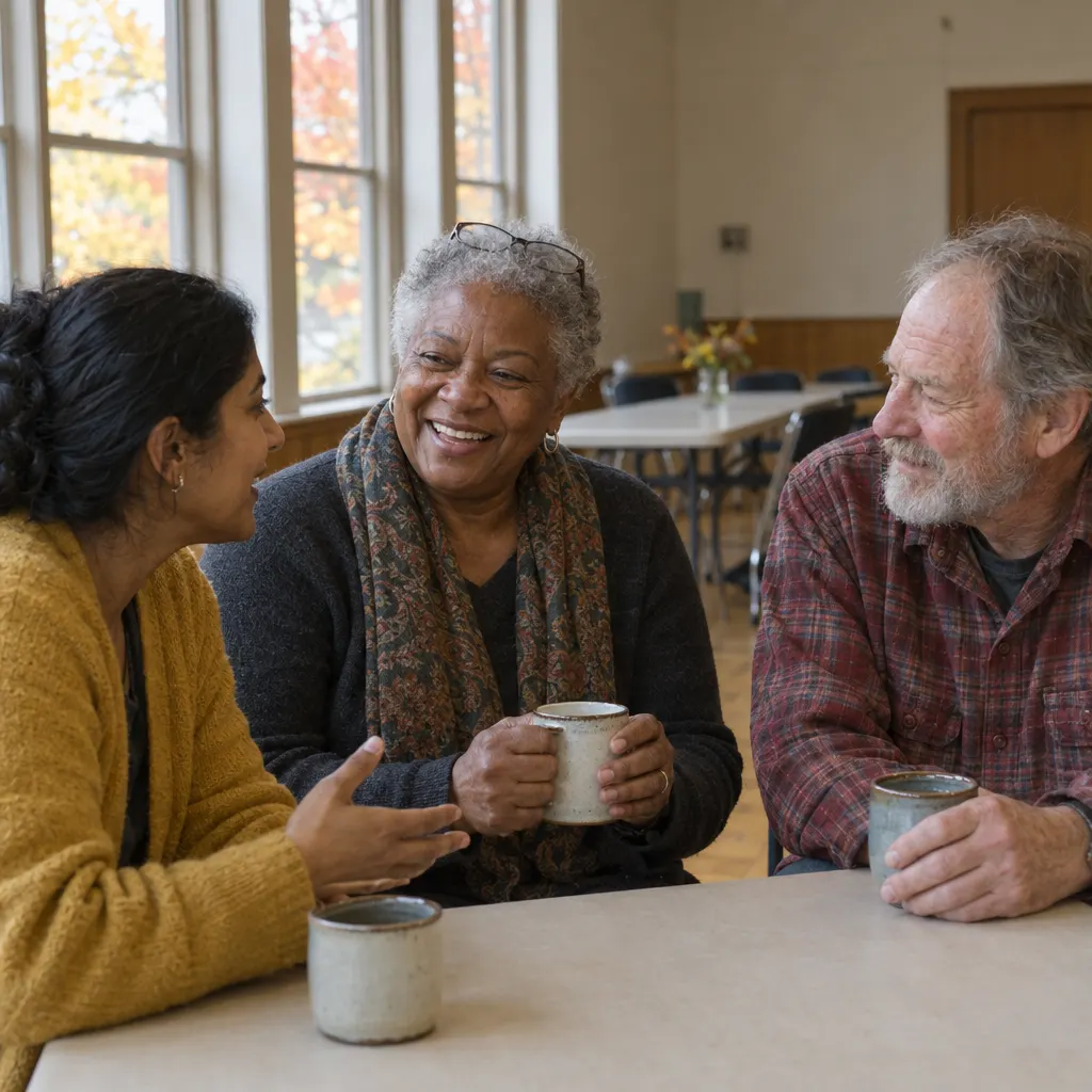 Three people of different ages talking and laughing over mugs of coffee in a hall with tall windows