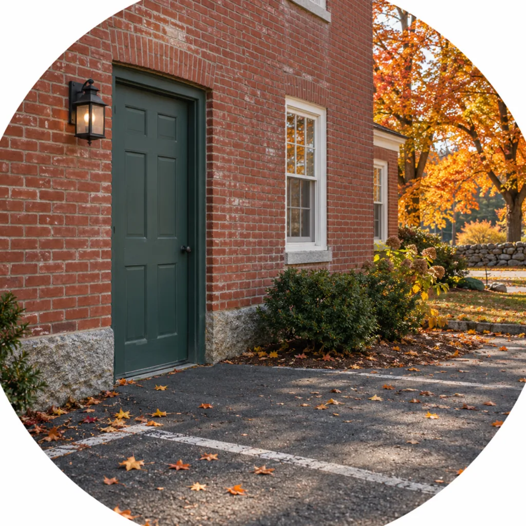 The level green side door of the red-brick building, opening straight onto the parking lot