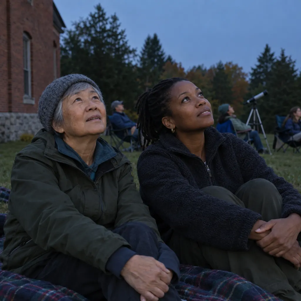 Two women sitting on a blanket at dusk looking up at the sky, with a small telescope behind them