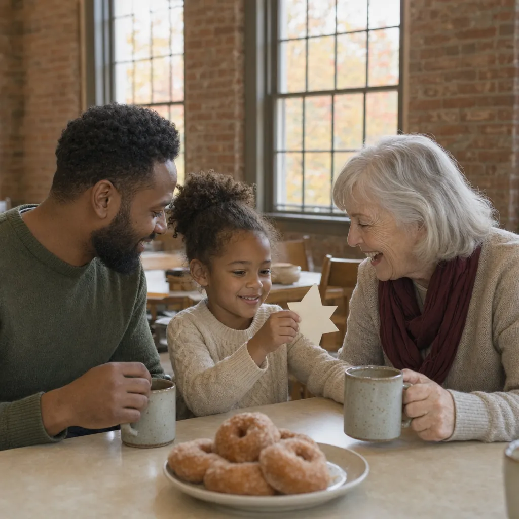 A father, his young daughter and an older woman share coffee in the hall after the service.