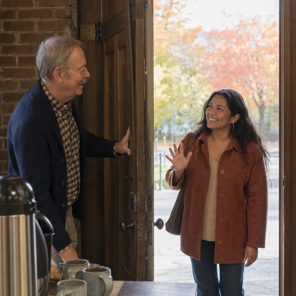 A greeter holds the side door open for a woman arriving on a fall Sunday morning.