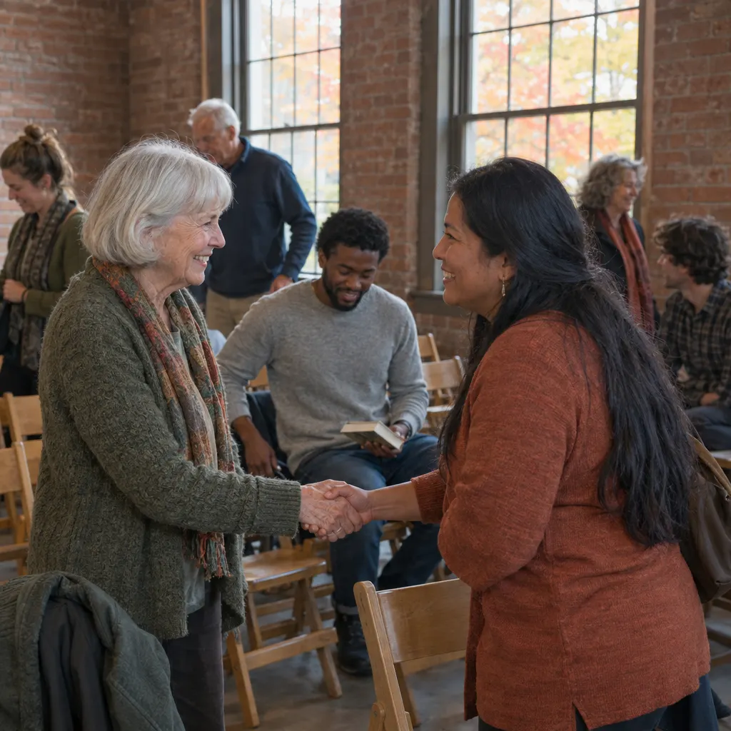 Two women shaking hands and smiling as people take their seats in a brick room with tall windows